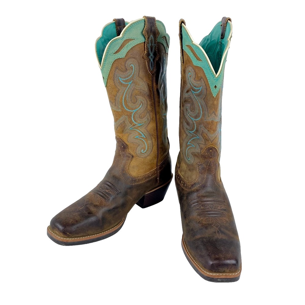 Justin Leather Western Boots Womens 9 B Brown & Teal Sevana Cowboy 40 Mid-Calf